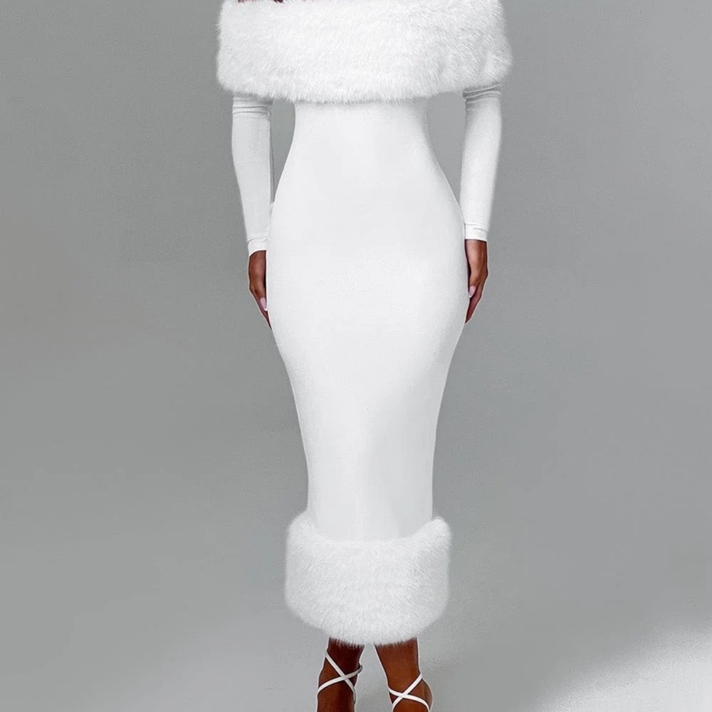 ISO Babyboo Fashion White Off-Shoulder Fur trim Dress